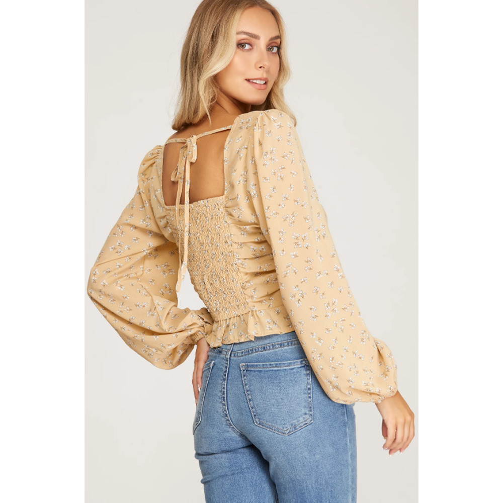 Yellow Ruched Peplum Floral Top Long Sleeve Top Size Large - Picture 2 of 6
